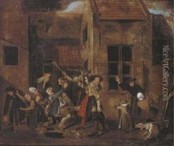 A Brawl Outside A Tavern Oil Painting - Jan Josef, the Elder Horemans