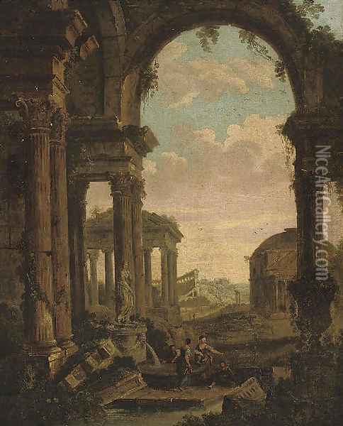 An architectural capriccio with figures amongst classical ruins, the Pantheon beyond Oil Painting - Giovanni Paolo Panini