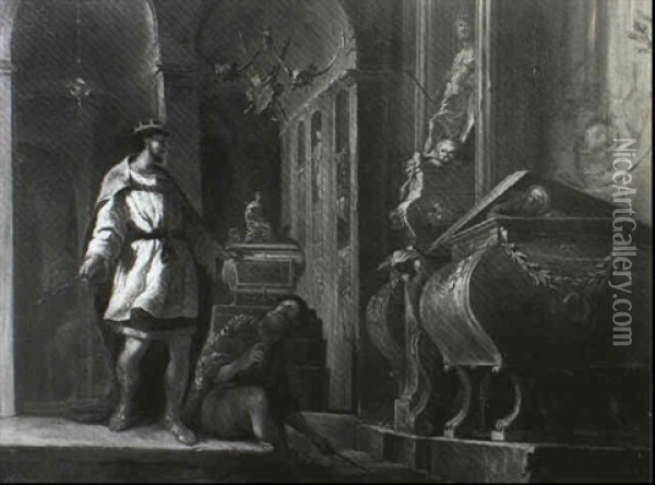 Alexander At The Tomb Of King Cyrus Oil Painting - Johann Heinrich Schoenfeldt