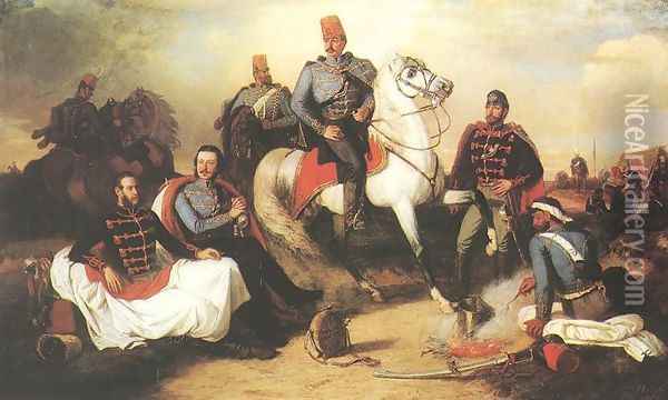 Hussar Officiers at Camp 1857 Oil Painting - Karoly Lotz