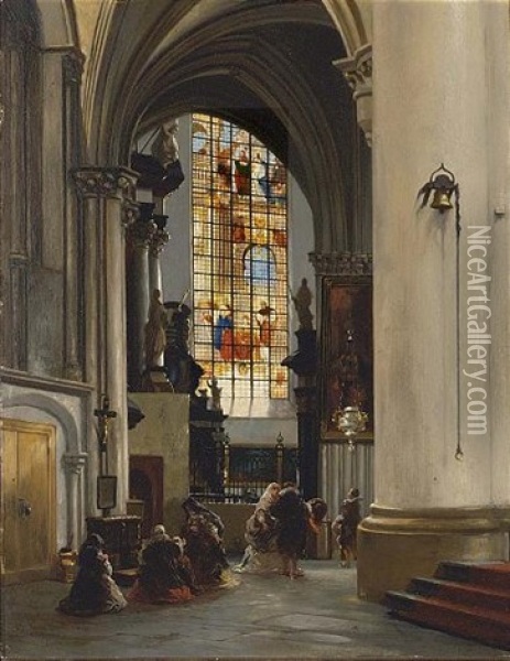 Figures In A Church Interior (collab. W/jean Baptiste Van Moer) Oil Painting - Louis-Gabriel-Eugene Isabey
