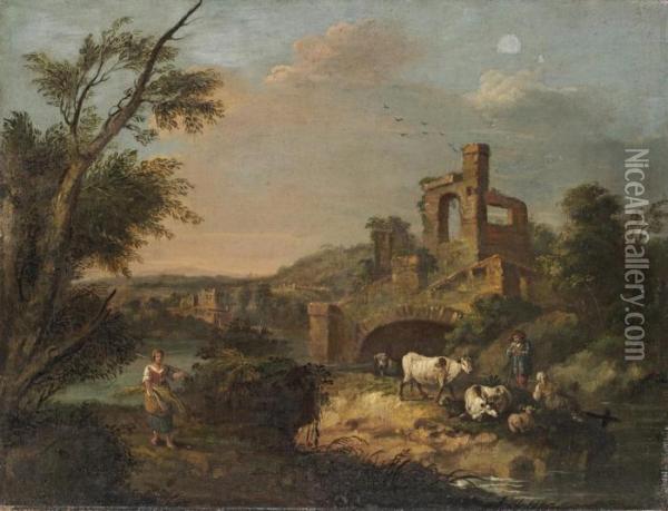 A Wooded River Landscape With Herdsmen And Their Cattle Resting Ona Bank, Ruins Beyond Oil Painting - Giuseppe Zais