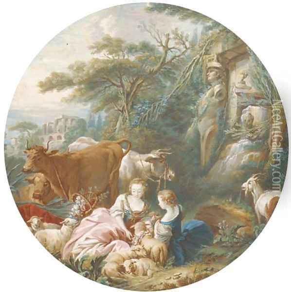 Two shepherdesses with their flocks and herds by an antique spring, classical ruins seen beyond Oil Painting - Pierre-Antoine Baudouin