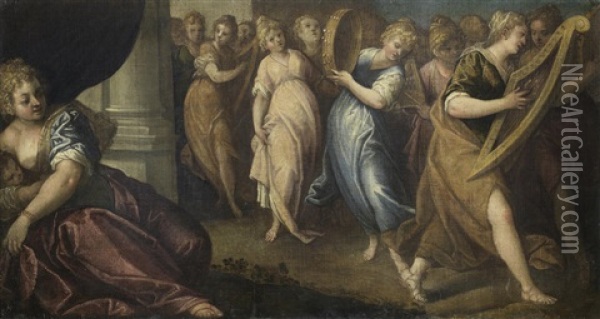 A Procession Of Women Playing Instruments Oil Painting - Andrea (Andrea Vicentino) Michieli