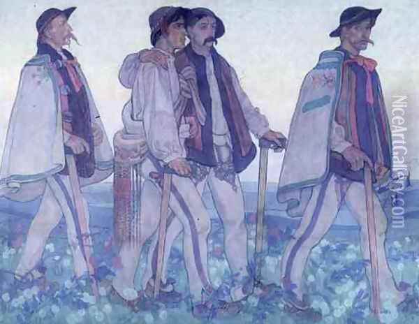 Procession of Polish Highlanders, c.1910 Oil Painting - Jan Rembowski