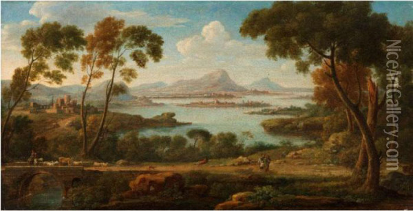 Sudliche Ideallandschaft Mit Blick Auf Einen See Oil Painting - Hendrik Frans Van Lint