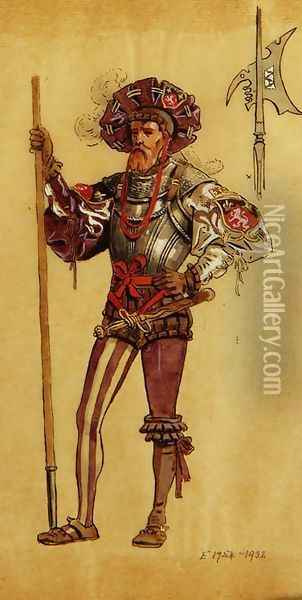 An Armoured Courtier, costume design for As You Like It, produced by R.Courtneidge at the Princes Theatre, Manchester Oil Painting - C. Wilhelm