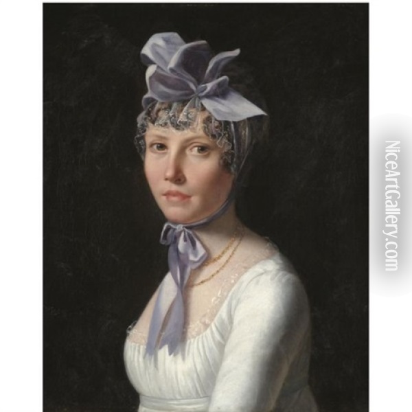 Portrait Of A Lady, Head And Shoulders, Wearing A White Dress And Purple Hat Oil Painting - Henri Nicolas Van Gorp