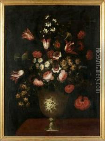 Bouquet De Fleurs Dans Un Vase Pose Sur Un Entablement Oil Painting - Tomas Hiepes