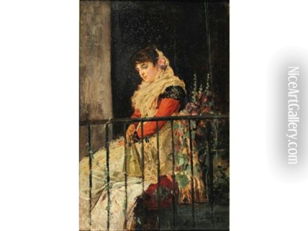 Jeune Femme A Son Balcon Oil Painting - Juan (Count) Luna y Novicio