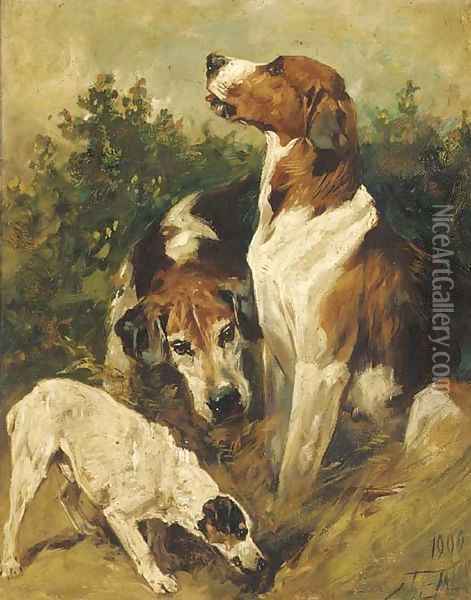 Hounds and a terrier Oil Painting - John Emms