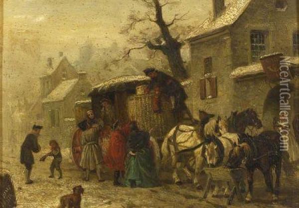 The Arrival At The Inn On A Winter's Evening Oil Painting - Jan Jacob Zuidema Broos