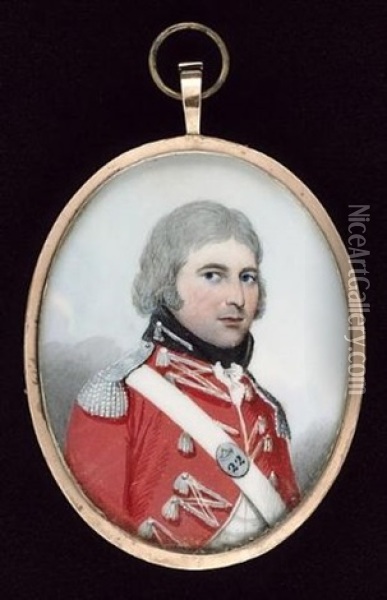 An Officer, Wearing The Uniform Of The 22nd Foot, Scarlet Coat With Silver Lace And Epaulettes, His Shoulder Belt Plate Stamped 22 Oil Painting - Frederick Buck