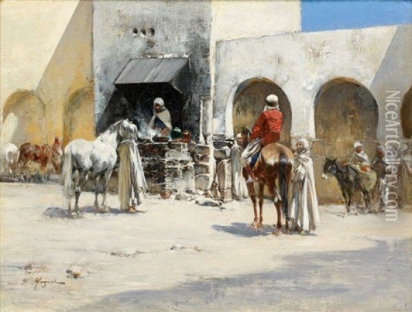 Cavaliers Sur La Place Du Village Oil Painting - Victor-Pierre Hugnet