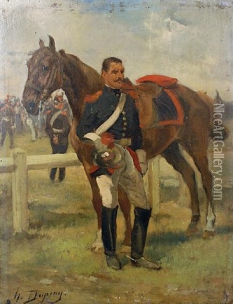 A Cavalry Officer With His Horse Standing Before A Military Encampment Oil Painting - Henri Louis Dupray