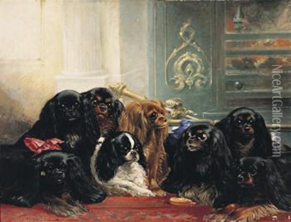 A Family Of King Charles Spaniels Oil Painting - Samuel Bough