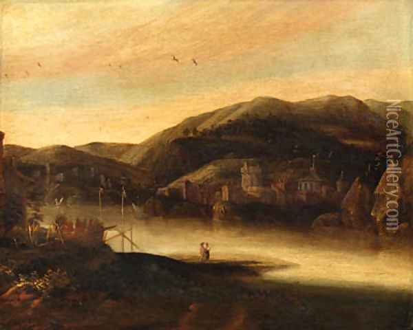 A river landscape with figures, a town and hills beyond Oil Painting - Jacob De Villeers