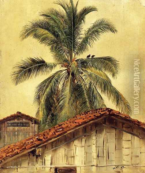 Palm Trees and Housetops, Ecuador Oil Painting - Frederic Edwin Church
