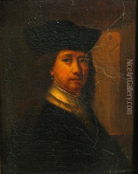 A Portrait Of A Gentleman, Half-length, Wearing A Hat Oil Painting - Rembrandt Van Rijn