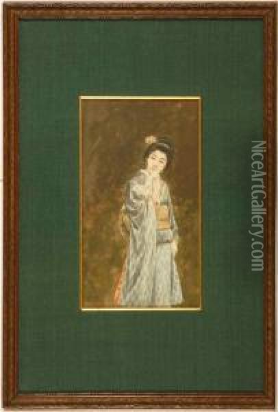 Depicting A Young Woman In A Gray-blue Kimono Oil Painting - Yuko Watanabe