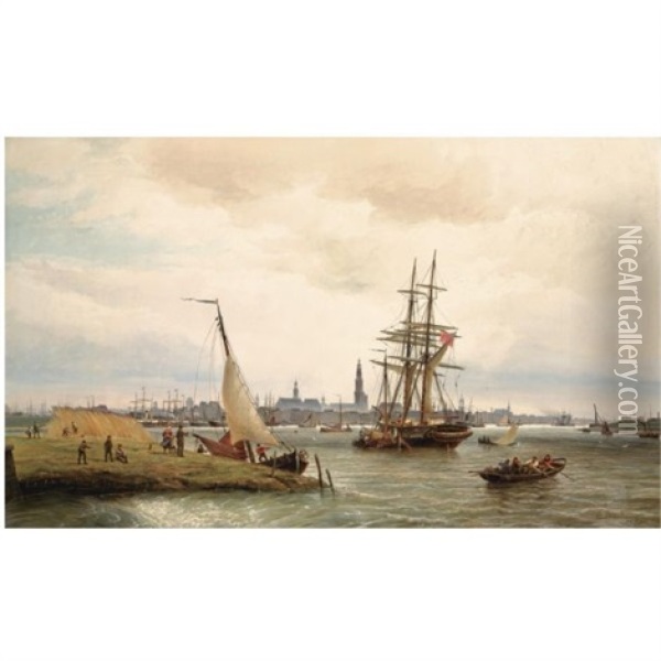 The Harbour Of Antwerp With A View From The Left Bank Over The River Scheldt And The Onze Lieve Vrouw Cathedral In The Background Oil Painting - Cornelis Christiaan Dommelshuizen