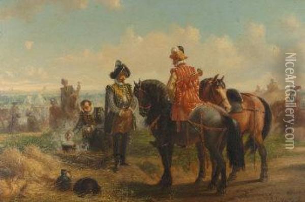 Continental Cavalry Officers On The Edge Of A Military Encampment Oil Painting - Jules Van Imschoot