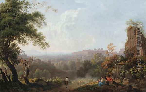A capriccio landscape of the Roman Campagna, with a shepherd driving his flock Oil Painting - Carlo Labruzzi