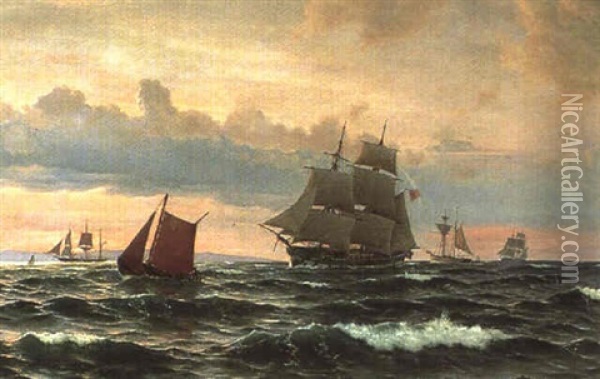 Marine Med Talrige Sejlskibe Oil Painting - Christian Blache