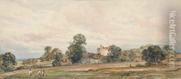 A landscape with harvesters in the foreground Oil Painting - Peter de Wint