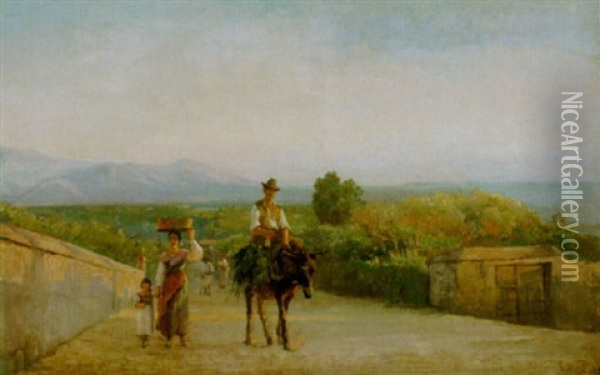 Italienskt Landskap Med Figurer I Solnedgang Oil Painting - Edvard Frederik Petersen