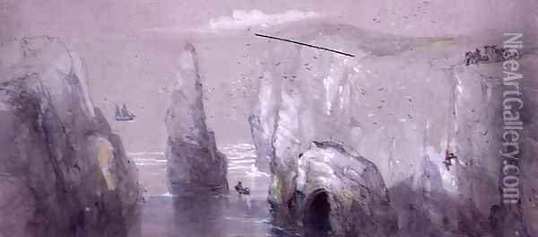 View of Flamborough Head, showing a Group of Men gathering Gulls' Eggs Oil Painting - George Bryant Campion