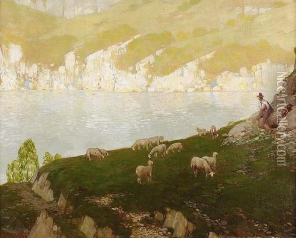 Schaferszene An Einem Bergsee. Oil Painting - Johann Klepinski