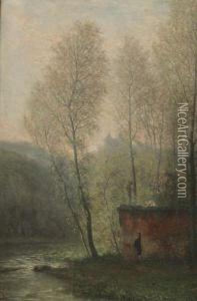 Romantisch Tafereel Aan Rivierbochtmet Kasteel In De Verte Oil Painting - Theodore Tscharner