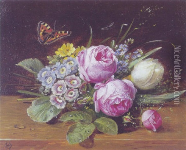 Lyserode Roser, Aurikler, Tulipan, Forglemmigej Samt Insekter Oil Painting - Olaf August Hermansen