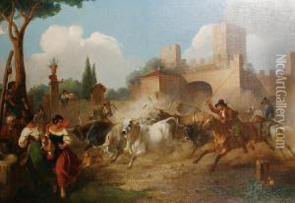 Butteri With Oxen Before A Roman Castle Oil Painting - William Stuart Watson