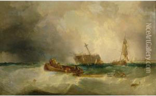 Fishing Boats Aiding A Dismasted Vessel Oil Painting - James Edwin Meadows