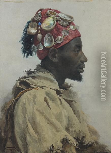 An Arab Man Wearing A Hat Decorated Withshells Oil Painting - Jose Tapiro Y Baro