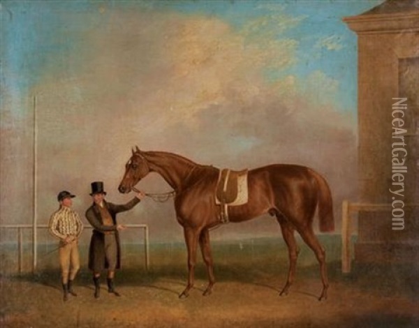 A Jockey And His Trainer With A Bay Hunter Oil Painting - Henry Bernard Chalon