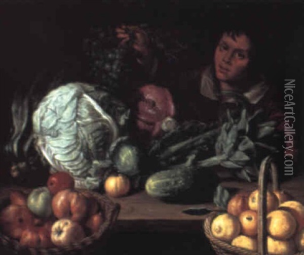 Still Life Of Vegetables And Fruit With A Youth Holding A Bunch Of Grapes Oil Painting - Cornelis Willemsz Eversdyck