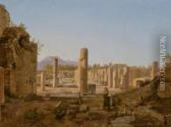 Couple De Bergers Avec Des Agneaux Devant Les Ruines Depompei Oil Painting - Frans Vervloet