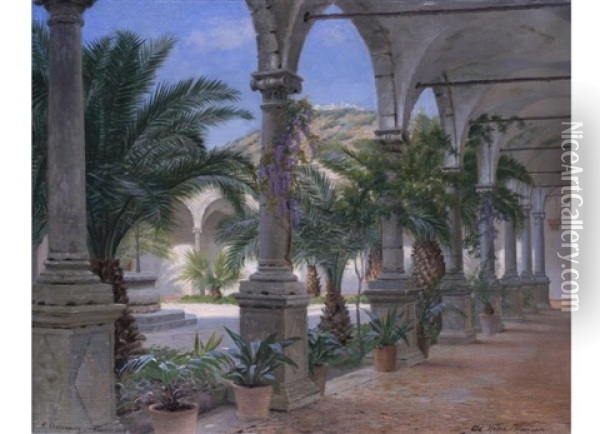 Der Kreuzgang (+ Des Klosters San Domenico In Taormina; 2 Works) Oil Painting - Adolf Heinrich Claus Hansen