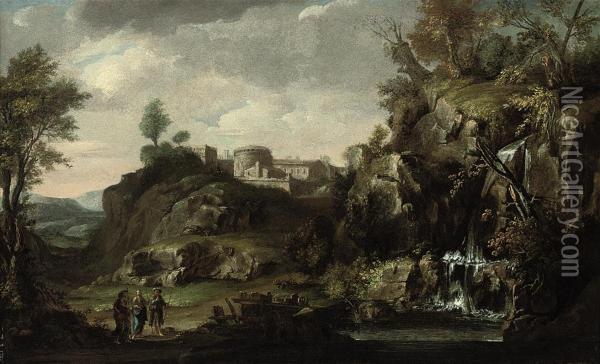A Wooded River Landscape With Christ On The Road To Emmaus Oil Painting - Giovanni Francesco Grimaldi