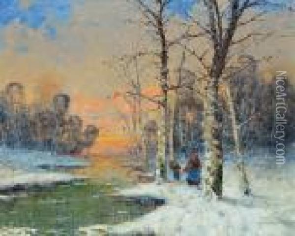 Winterliche Abendstimmung Am Flus Oil Painting - Georg Fischof