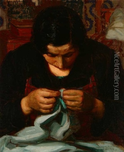 Woman Sewing Oil Painting - Joseph Kleitsch