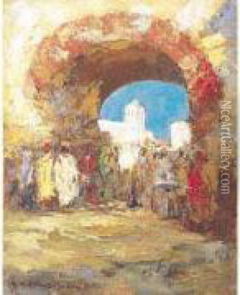 Marche Devant La Porte De Tanger. Oil Painting - Charles Henri Gaston Dagnac-Riviere