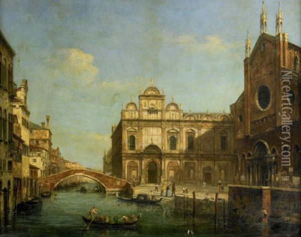 Kanalmotiv Med Gondoljarer Vid Kyrkan San Giovanni E Paolo - Venedig Oil Painting - William Haines