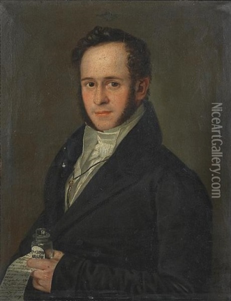 A Portrait Of The Pharmacist J.g. Holzknecht Holding A Medicine Bottle And A Hand-written Note Oil Painting - Anton Siegl