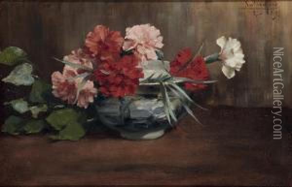 Carnations In A Chinese Vase Oil Painting - Emiel Seeldrayers