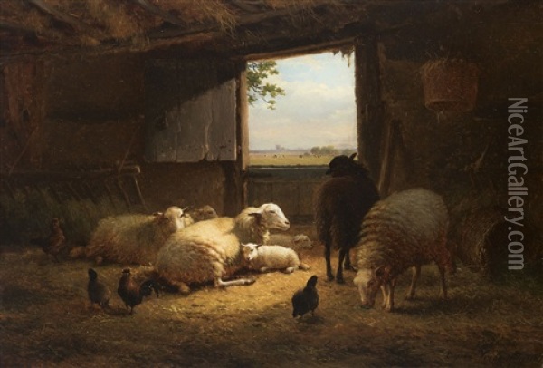 Sheep In A Stable Oil Painting - Eugene Verboeckhoven