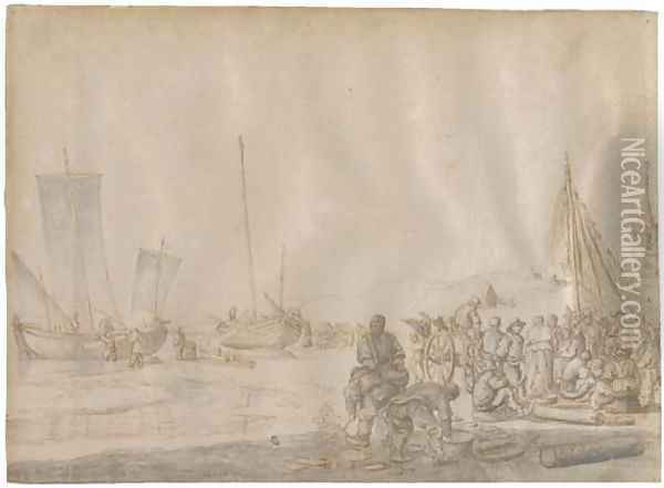 Fishermen on the shore, ships beached beyond Oil Painting - Esaias Van Den Velde